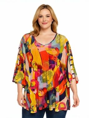 Ali Miles 3X Abstract Tunic Top Art To Wear Layered Mesh Lagenlook Bright